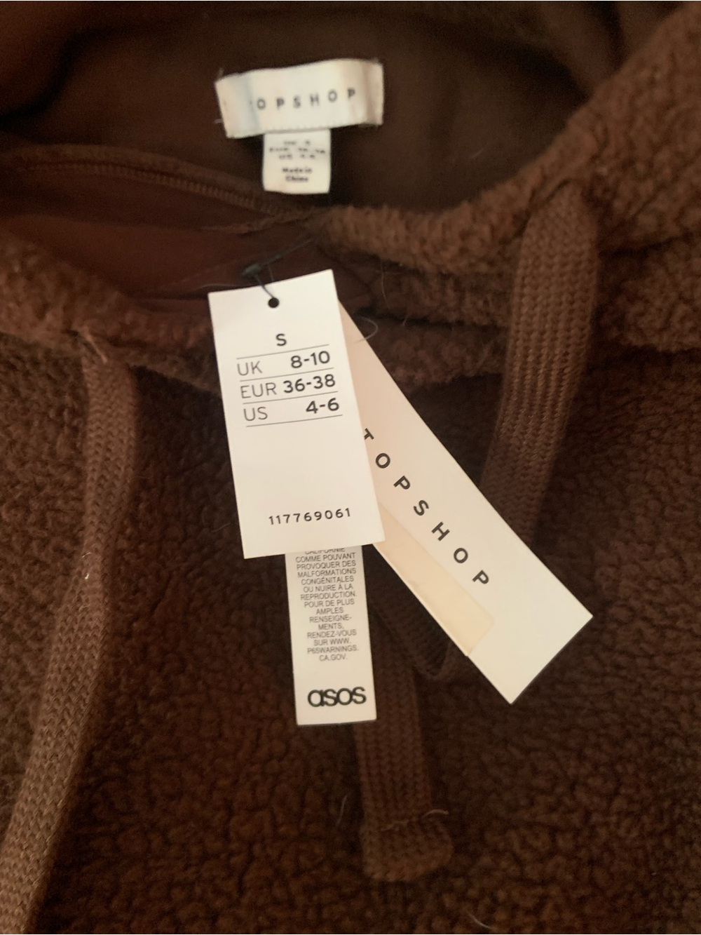 NWT Topshop Dark Brown Sherpa Hoodie with Kangaroo Pocket, size S